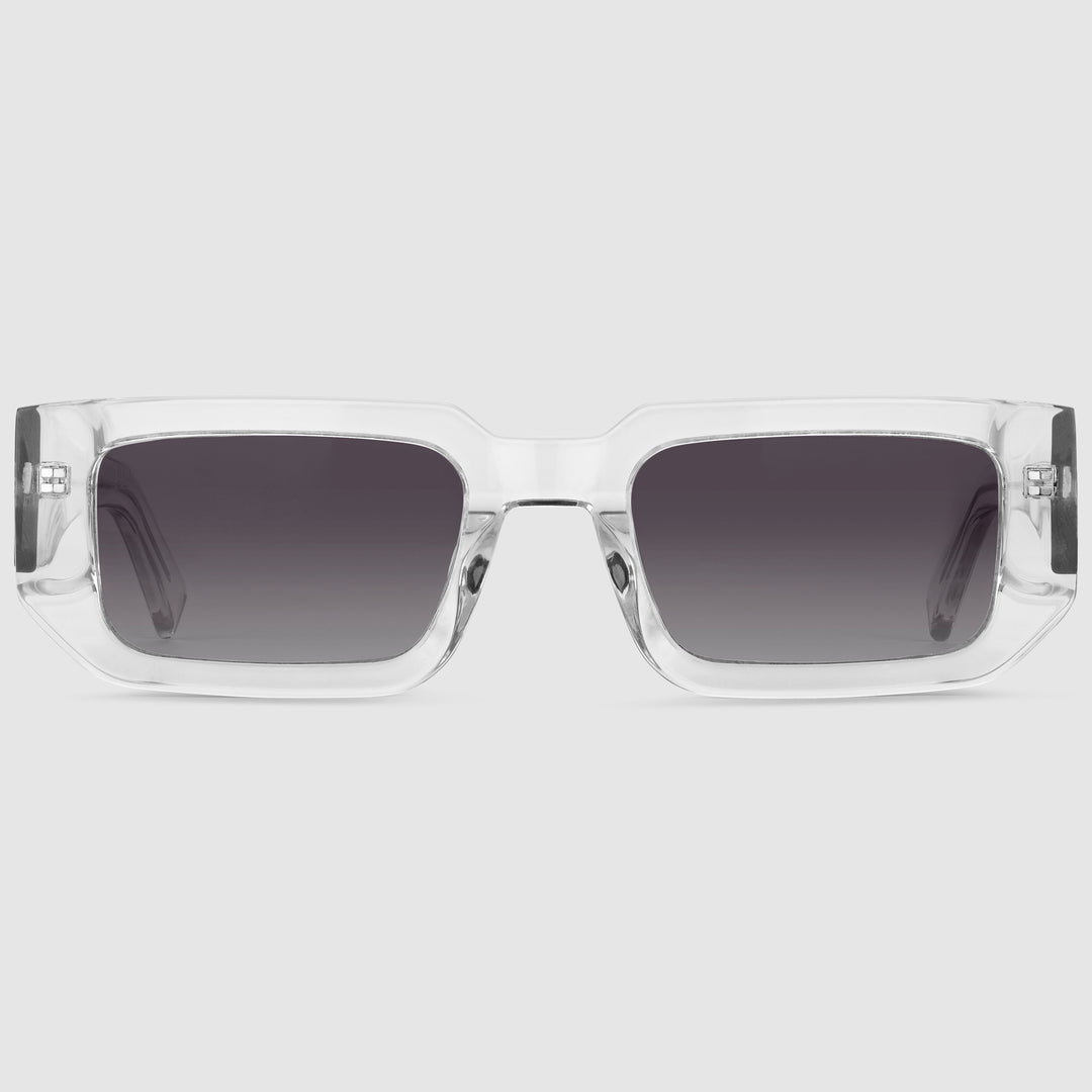 Galaxsos Midnight Unisexbrille in Silber Frontansicht mit transparentem Rahmen und photochromen Gläsern.