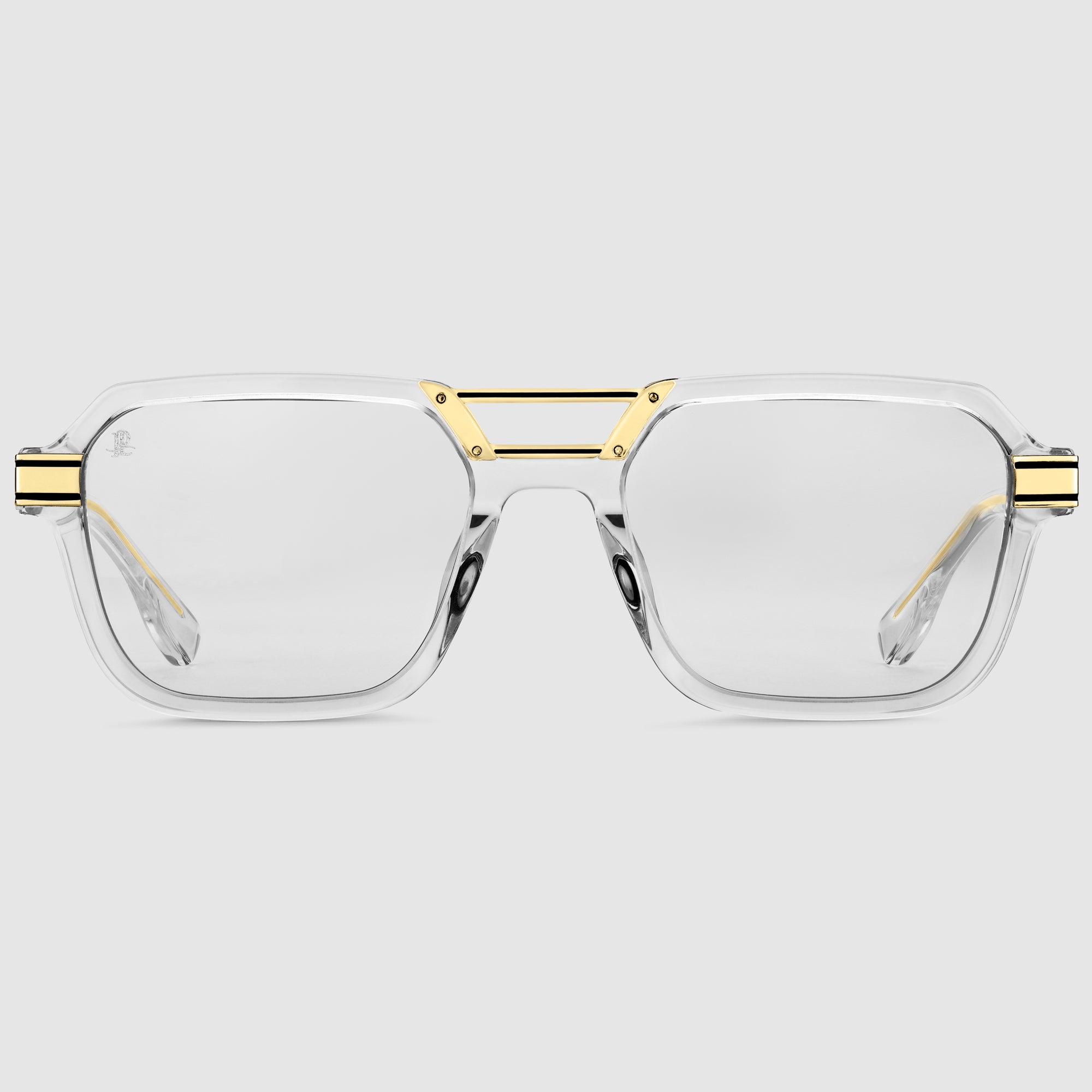 Designerbrille Nebula Midnight Gold – transparente Acetat-Fassung mit markanten goldenen Akzenten und selbsttönenden Gläsern.