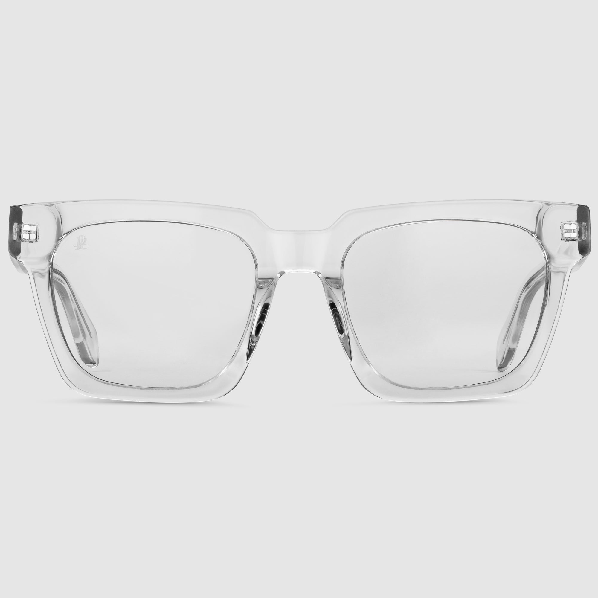 Frontansicht der transparenten Damenbrille Aurora Midnight Silber mit silbernen Details, Blaulichtfilter und phototropen Gläsern.