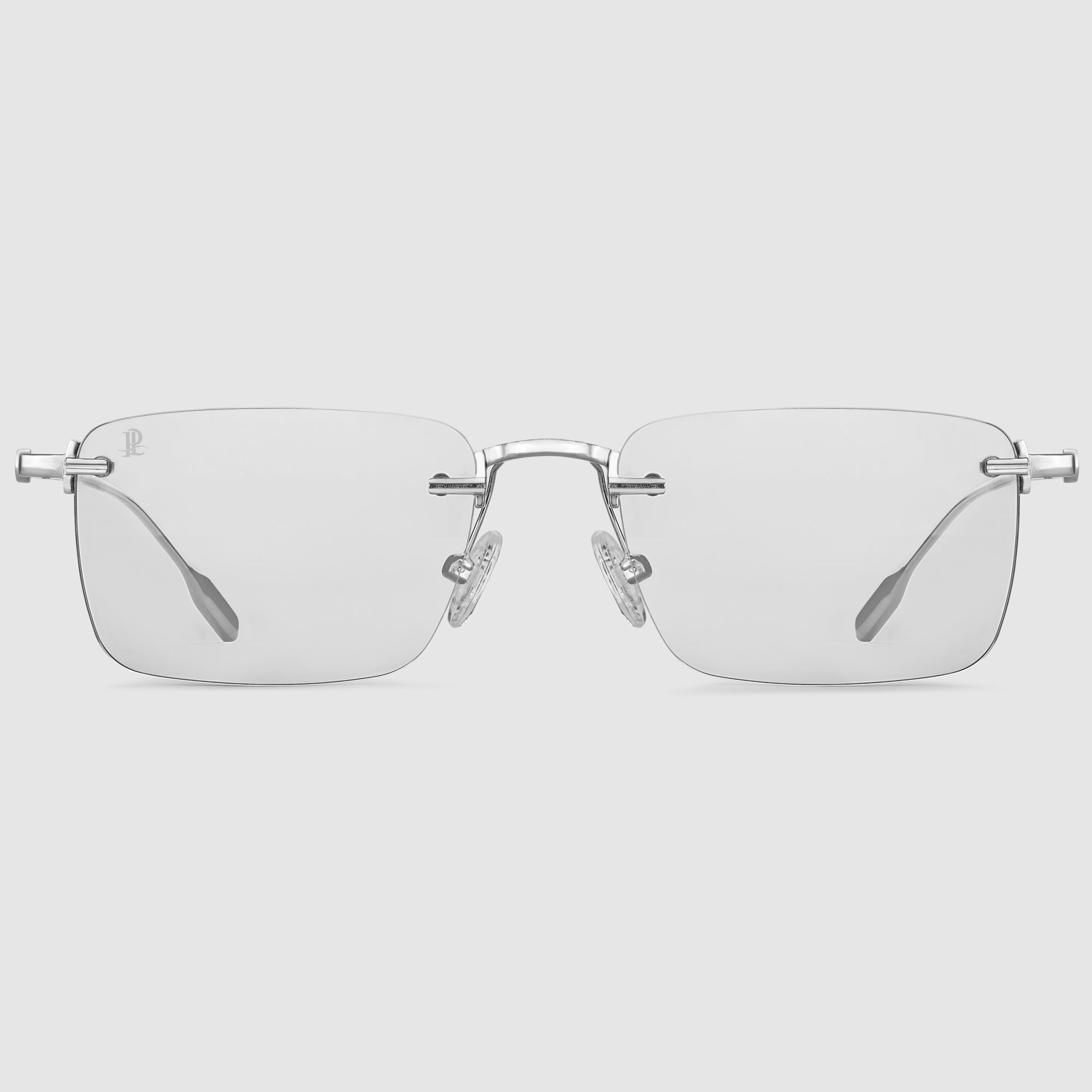 Clarity Midnight Silber – Frontansicht der randlosen Designerbrille mit Blaulichtfilter und phototropen Gläsern.