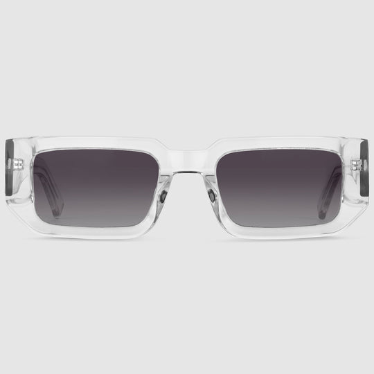Galaxsos Midnight Unisexbrille in Silber  Frontansicht mit transparentem Rahmen und photochromen Gläsern.