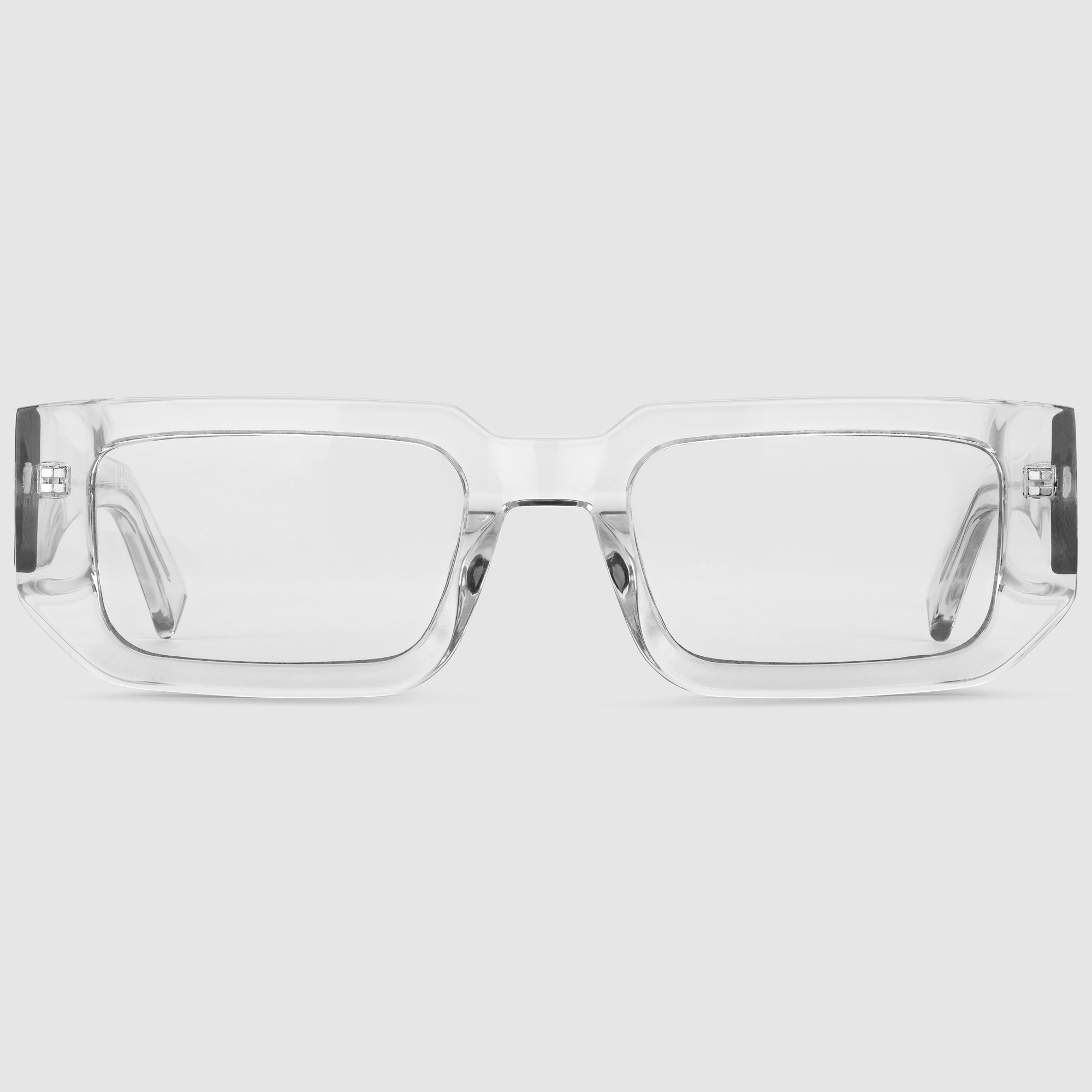 Galaxsos Midnight – Frontansicht der transparenten Unisexbrille in Silber mit eckigem Design.