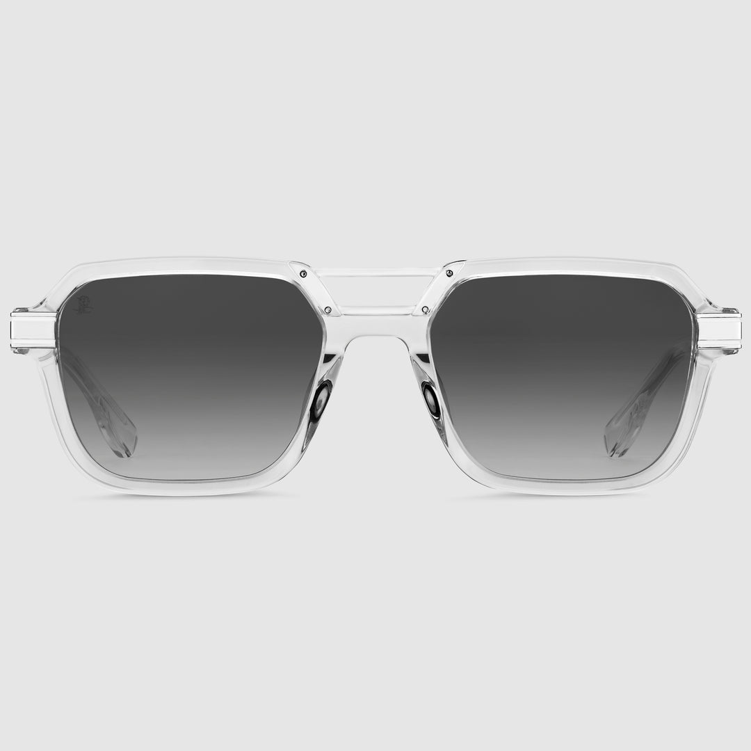 Nebula Midnight Herrenbrille in Silber mit transparentem Rahmen – Frontansicht mit photochromen Gläsern.